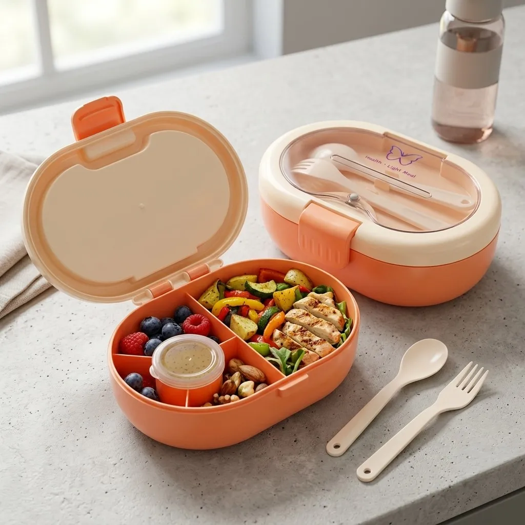 Food Storage With Dividers - Plastik-Bento-Lunchbox mit Besteck, auslaufsichere, unterteilte Lebensmittelbehälter
